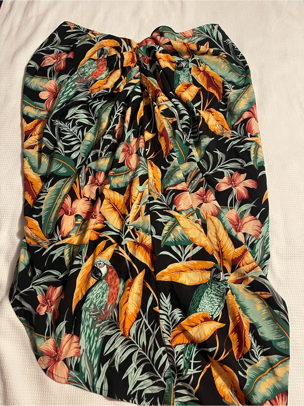 Tropical Parrot Print Strapless Swim Cover-Up — Black with Green & Orange